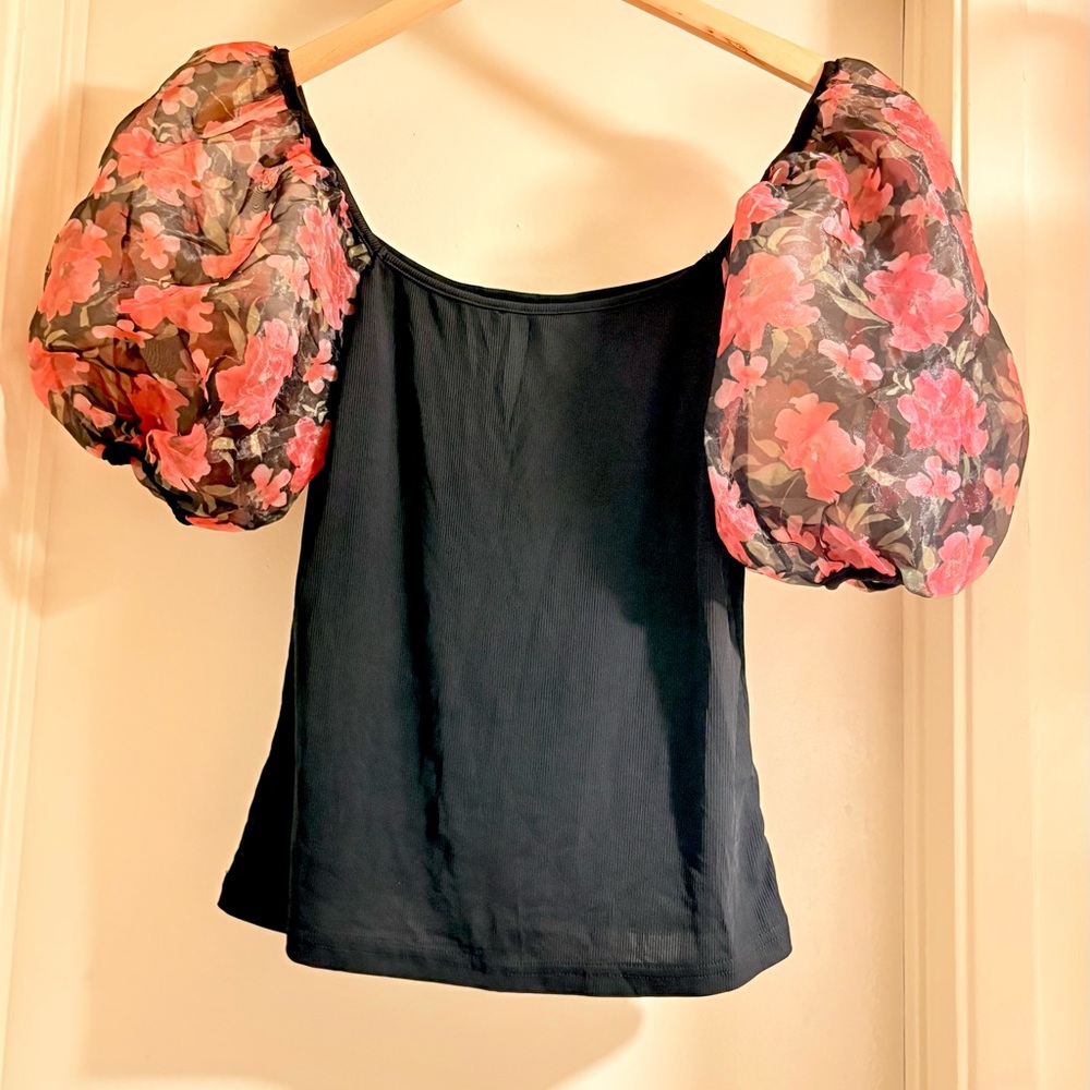 NWOT SHEIN Black Blouse with Pink Floral Sleeves